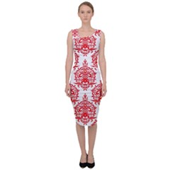 White And Red Ornament Damask Vintage Sleeveless Pencil Dress by ConteMonfrey