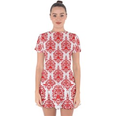 White And Red Ornament Damask Vintage Drop Hem Mini Chiffon Dress by ConteMonfrey