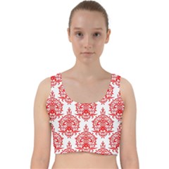 White And Red Ornament Damask Vintage Velvet Racer Back Crop Top by ConteMonfrey