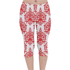 White And Red Ornament Damask Vintage Velvet Capri Leggings  by ConteMonfrey