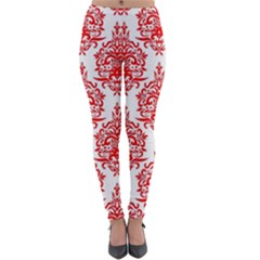 White And Red Ornament Damask Vintage Lightweight Velour Leggings by ConteMonfrey