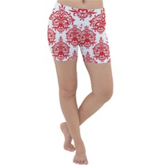 White And Red Ornament Damask Vintage Lightweight Velour Yoga Shorts by ConteMonfrey