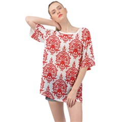 White And Red Ornament Damask Vintage Oversized Chiffon Top by ConteMonfrey