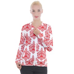 White And Red Ornament Damask Vintage Casual Zip Up Jacket by ConteMonfrey