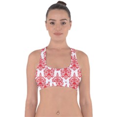 White And Red Ornament Damask Vintage Cross Back Hipster Bikini Top  by ConteMonfrey