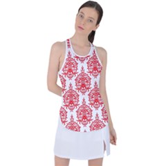 White And Red Ornament Damask Vintage Racer Back Mesh Tank Top by ConteMonfrey