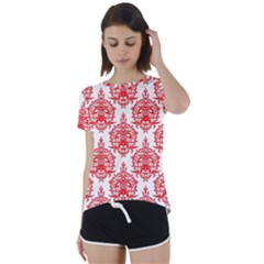 White And Red Ornament Damask Vintage Short Sleeve Foldover Tee by ConteMonfrey