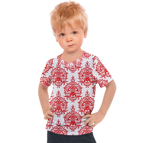 White And Red Ornament Damask Vintage Kids  Sports Tee by ConteMonfrey