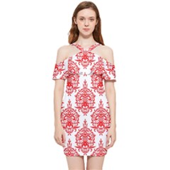 White And Red Ornament Damask Vintage Shoulder Frill Bodycon Summer Dress by ConteMonfrey