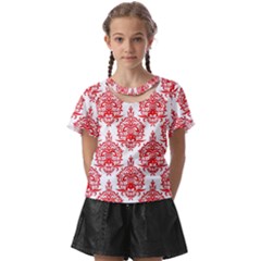 White And Red Ornament Damask Vintage Kids  Front Cut Tee by ConteMonfrey