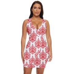 White And Red Ornament Damask Vintage Draped Bodycon Dress by ConteMonfrey