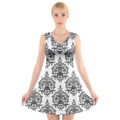 Black And White Ornament Damask Vintage V-neck Sleeveless Dress by ConteMonfrey