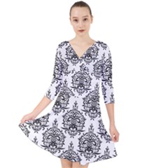 Black And White Ornament Damask Vintage Quarter Sleeve Front Wrap Dress by ConteMonfrey