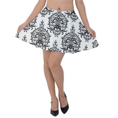 Black And White Ornament Damask Vintage Velvet Skater Skirt