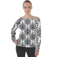 Black And White Ornament Damask Vintage Off Shoulder Long Sleeve Velour Top by ConteMonfrey