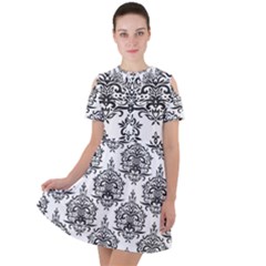 Black And White Ornament Damask Vintage Short Sleeve Shoulder Cut Out Dress  by ConteMonfrey