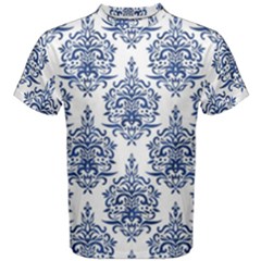 Blue And White Ornament Damask Vintage Men s Cotton Tee by ConteMonfrey