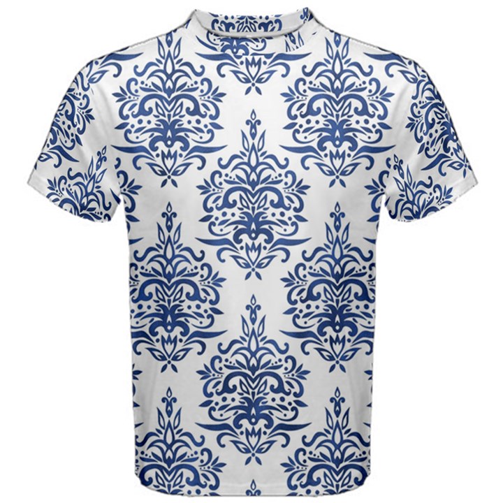 Blue And White Ornament Damask Vintage Men s Cotton Tee