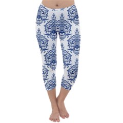 Blue And White Ornament Damask Vintage Capri Winter Leggings  by ConteMonfrey