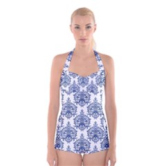 Blue And White Ornament Damask Vintage Boyleg Halter Swimsuit  by ConteMonfrey