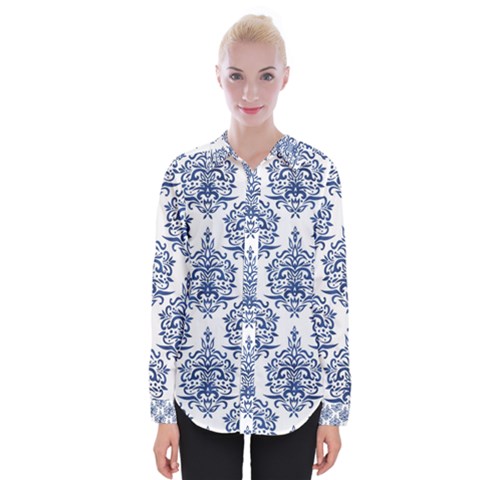 Blue And White Ornament Damask Vintage Womens Long Sleeve Shirt by ConteMonfrey