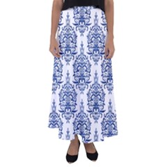 Blue And White Ornament Damask Vintage Flared Maxi Skirt by ConteMonfrey