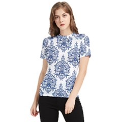 Blue And White Ornament Damask Vintage Women s Short Sleeve Rash Guard by ConteMonfrey