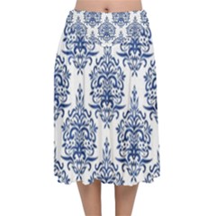 Blue And White Ornament Damask Vintage Velvet Flared Midi Skirt by ConteMonfrey