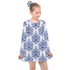 Blue And White Ornament Damask Vintage Kids  Long Sleeve Dress by ConteMonfrey