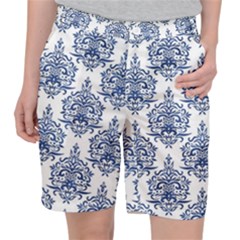 Blue And White Ornament Damask Vintage Pocket Shorts by ConteMonfrey