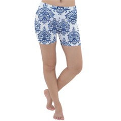 Blue And White Ornament Damask Vintage Lightweight Velour Yoga Shorts by ConteMonfrey