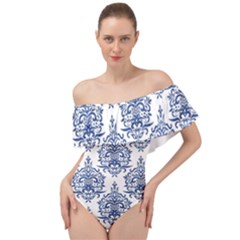 Blue And White Ornament Damask Vintage Off Shoulder Velour Bodysuit  by ConteMonfrey