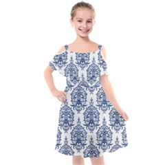 Blue And White Ornament Damask Vintage Kids  Cut Out Shoulders Chiffon Dress by ConteMonfrey