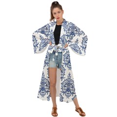 Blue And White Ornament Damask Vintage Maxi Kimono by ConteMonfrey