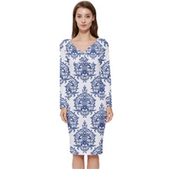 Blue And White Ornament Damask Vintage Long Sleeve V-neck Bodycon Dress  by ConteMonfrey