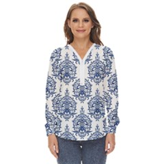 Blue And White Ornament Damask Vintage Zip Up Long Sleeve Blouse