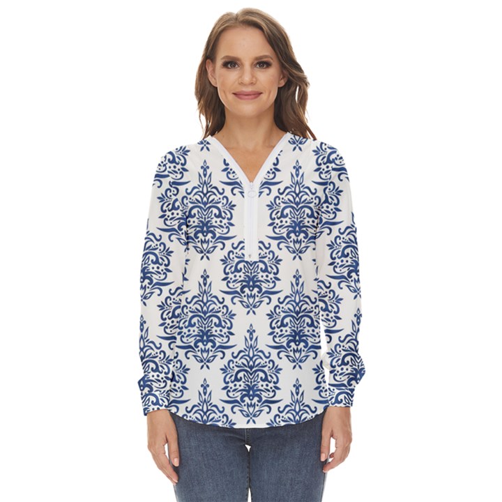 Blue And White Ornament Damask Vintage Zip Up Long Sleeve Blouse