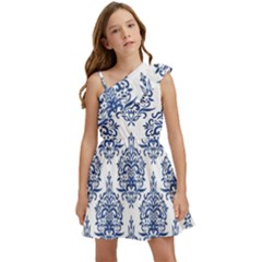 Blue And White Ornament Damask Vintage Kids  One Shoulder Party Dress by ConteMonfrey