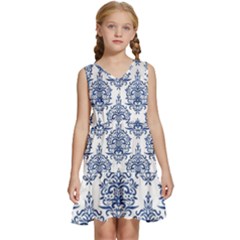 Blue And White Ornament Damask Vintage Kids  Sleeveless Tiered Mini Dress by ConteMonfrey