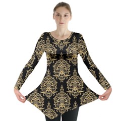 Black And Cream Ornament Damask Vintage Long Sleeve Tunic  by ConteMonfrey