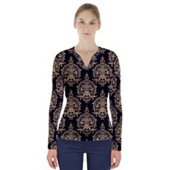 Black And Cream Ornament Damask Vintage V-neck Long Sleeve Top by ConteMonfrey