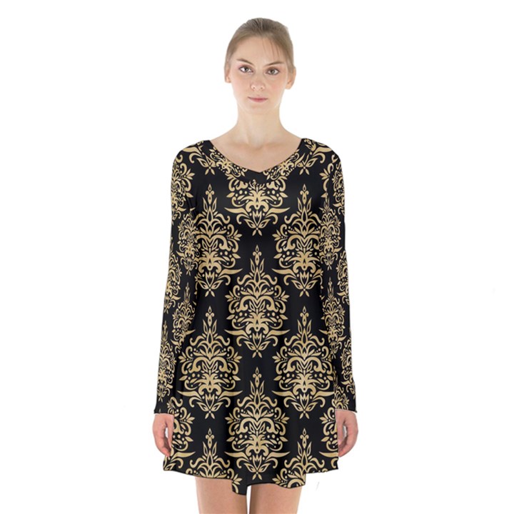 Black And Cream Ornament Damask Vintage Long Sleeve Velvet V-neck Dress