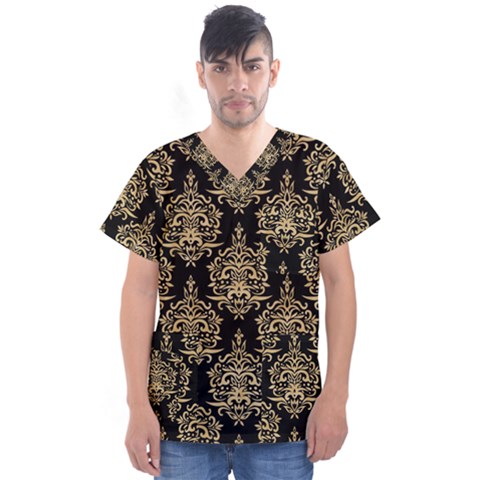 Black And Cream Ornament Damask Vintage Men s V-neck Scrub Top by ConteMonfrey