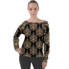 Black And Cream Ornament Damask Vintage Off Shoulder Long Sleeve Velour Top by ConteMonfrey