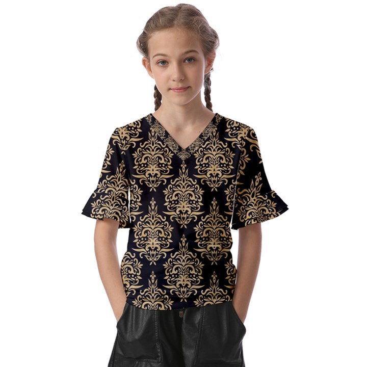 Black And Cream Ornament Damask Vintage Kids  V-Neck Horn Sleeve Blouse