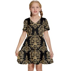 Black And Cream Ornament Damask Vintage Kids  Short Sleeve Tiered Mini Dress by ConteMonfrey