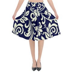 Blue Floral Tribal Flared Midi Skirt by ConteMonfrey