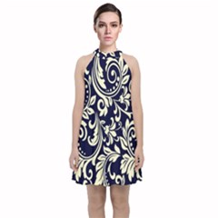 Blue Floral Tribal Velvet Halter Neckline Dress  by ConteMonfrey