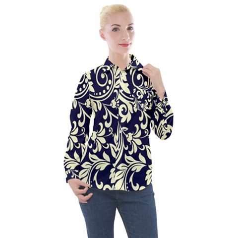 Blue Floral Tribal Women s Long Sleeve Pocket Shirt by ConteMonfrey