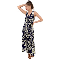 Blue Floral Tribal V-neck Chiffon Maxi Dress by ConteMonfrey